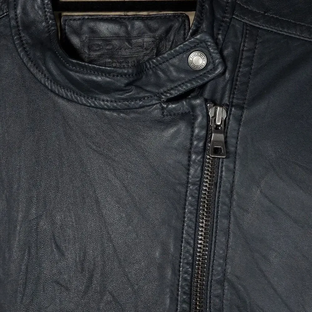 COACH Women's Leather Jacket Grey/Blue Dual Full Zip Moto Pockets Size XL